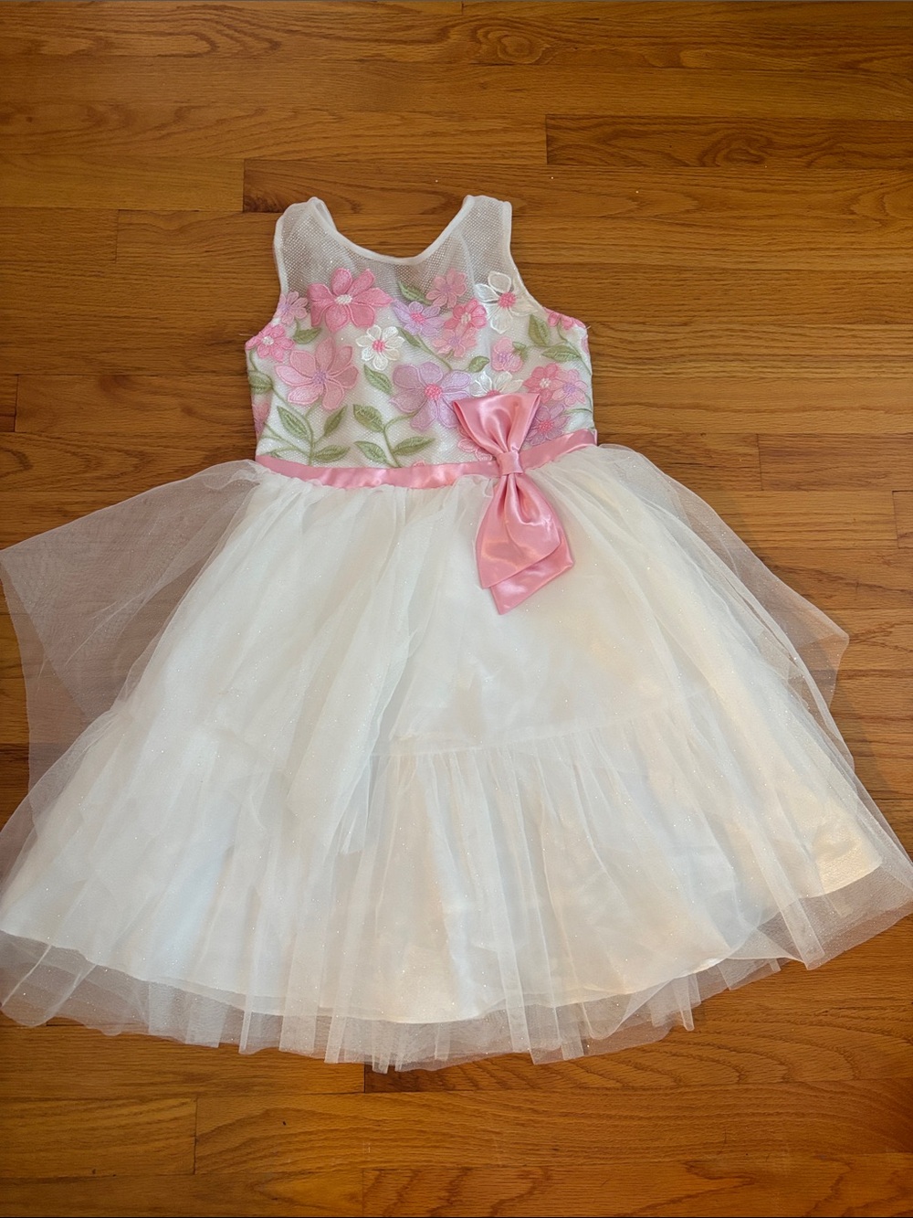 Jona Michelle White Tulle Dress with Pink Floral Bodice and Pink Bow